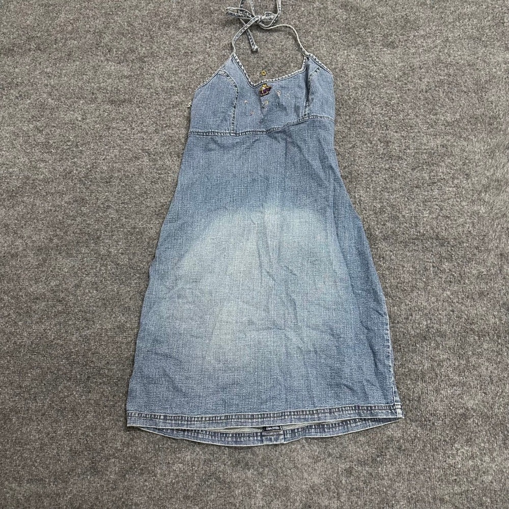 No Boundaries Denim Dress Womens Size 7 Blue Halter Y2K Mini Open Back Cotton